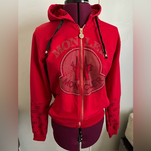 Moncler Tops - Moncler Women's Red Hoodie w/ gem Logo Detail, Size 16/Large. A few missing gems